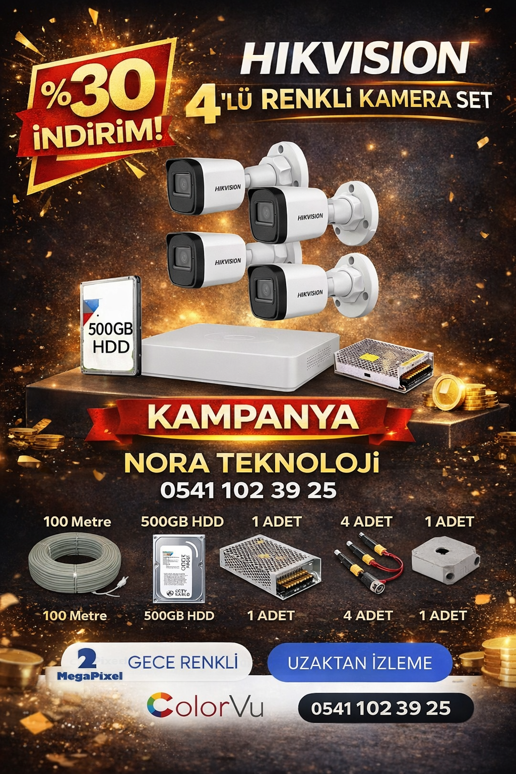 HİKVİSİON 4 LÜ RENKLİ KAMERA SET. 